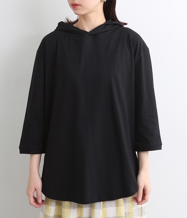 裾ラウンドフード付き　7分袖Tシャツ(B・ブラック)