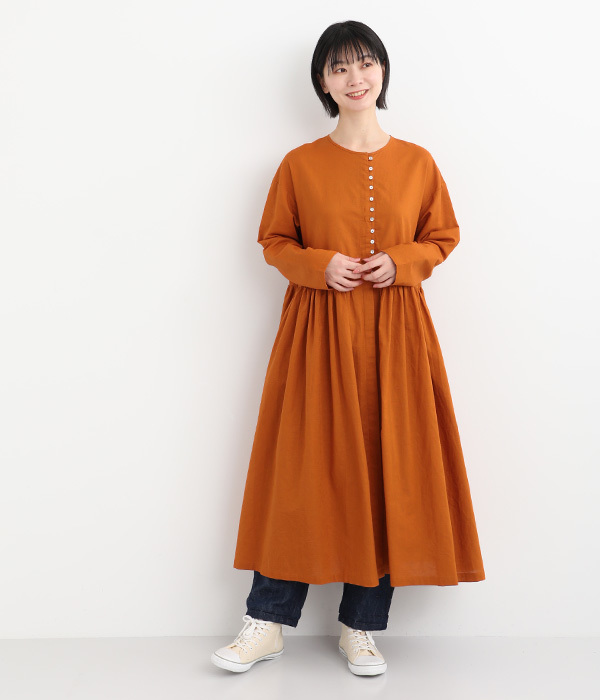 コットンリネンウエストギャザー比翼ワンピース(C・ビリジアン)【新入荷】｜08Mab（ゼロハチマブ）の長袖ワンピース通販 ナチュラン