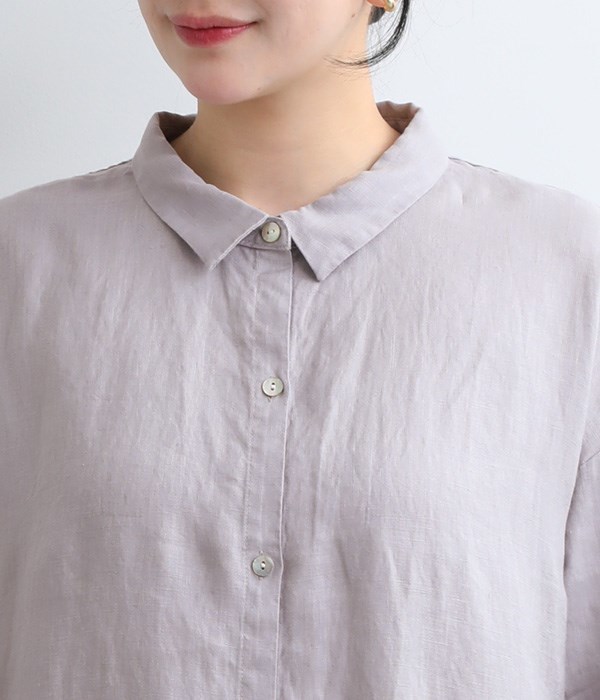 14番手リネン　サイドボタンシャツ襟ワンピース(B・ネイビー)
