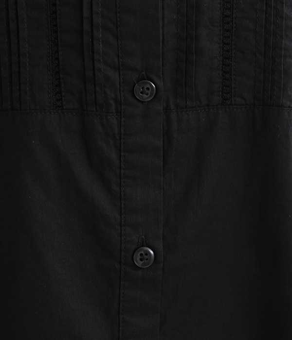 【neilikka】シルクタッチローン ピンタックバンドカラー6分袖シャツ(B・ブラック)