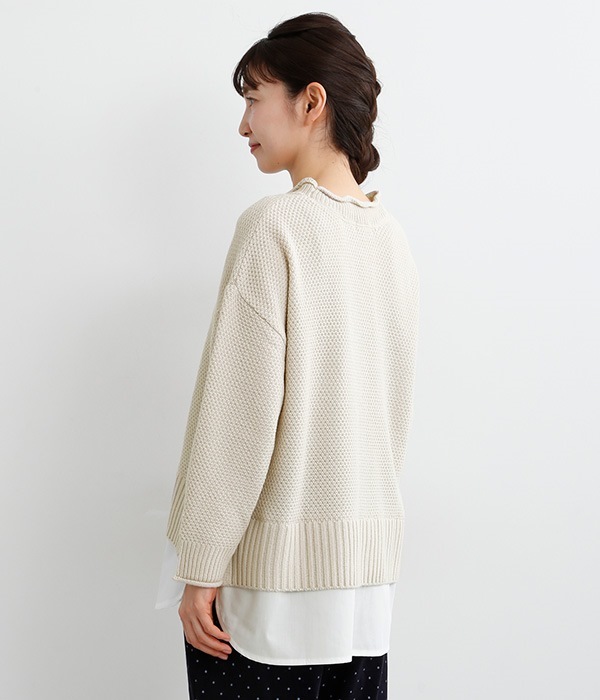 鹿の子編み裾布帛フェイクレイヤードセーター(A・ベージュ)