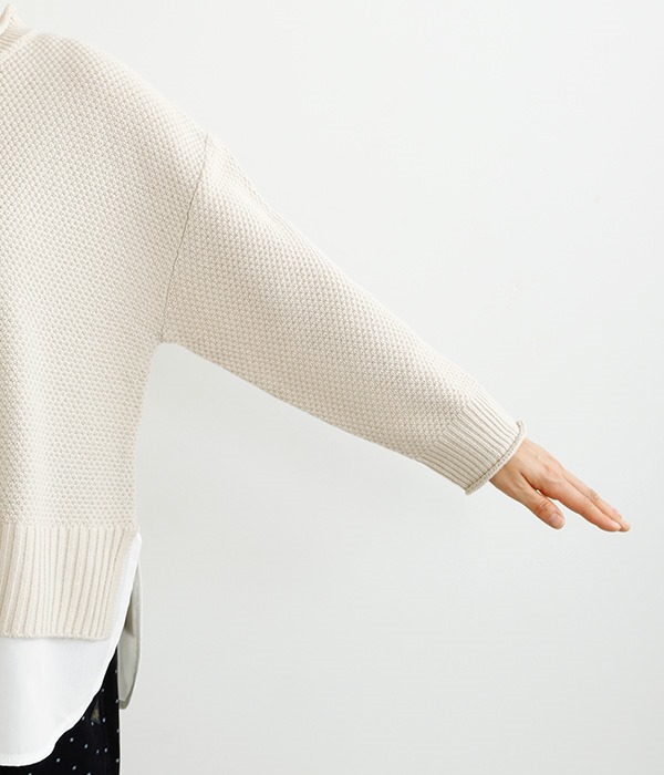 鹿の子編み裾布帛フェイクレイヤードセーター(A・ベージュ)