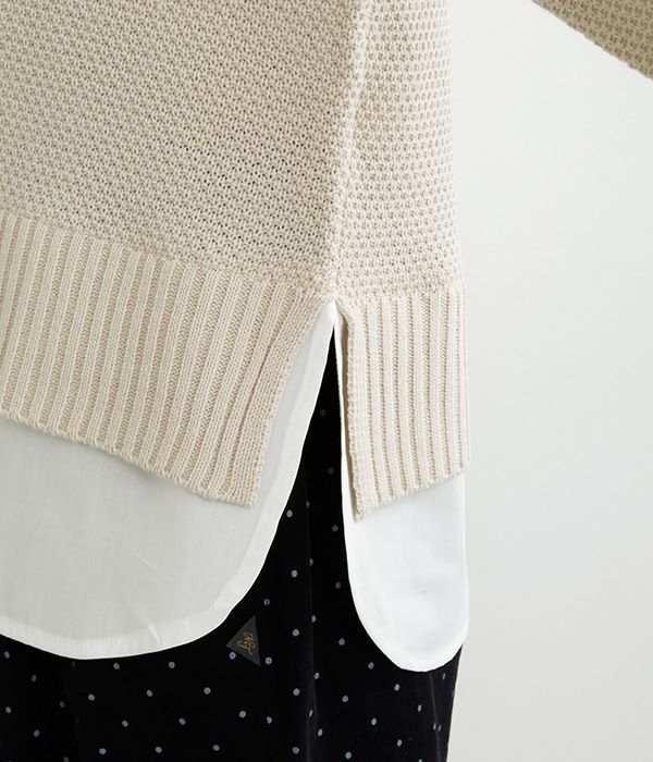 鹿の子編み裾布帛フェイクレイヤードセーター(B・グリーン)