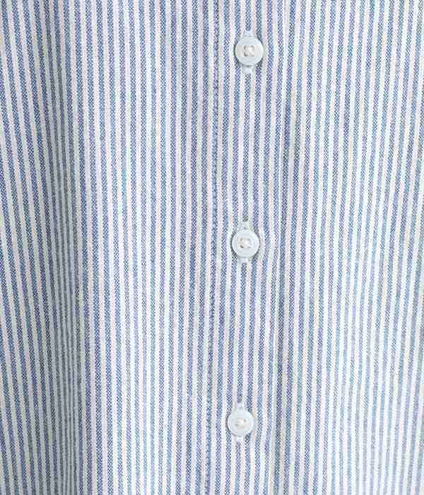 リネンタッチクレリックバンドカラー6分袖シャツ(A・ブルー×アイボリー)