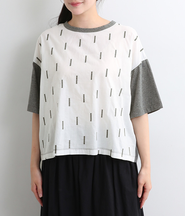 スティック刺繍天竺コンビTシャツ(A・オフホワイト×チャコール)