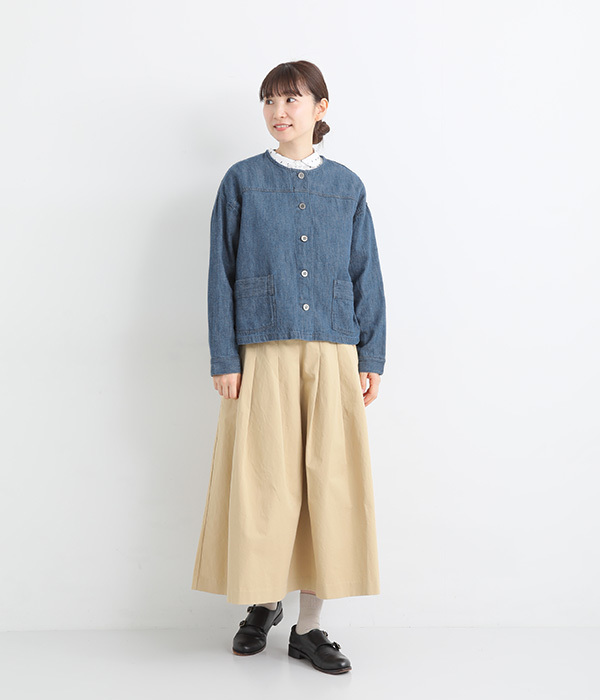 コットンリネンデニム　ツイル　ノーカラージャケット(A・ブルー)