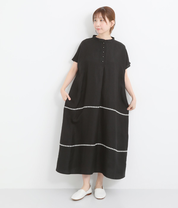 リネンレーヨンライン刺繍2wayワンピース(B・ブラック)【新入荷 リネンレーヨンライン刺繍2wayワンピース(B・ブラック)【新入荷
