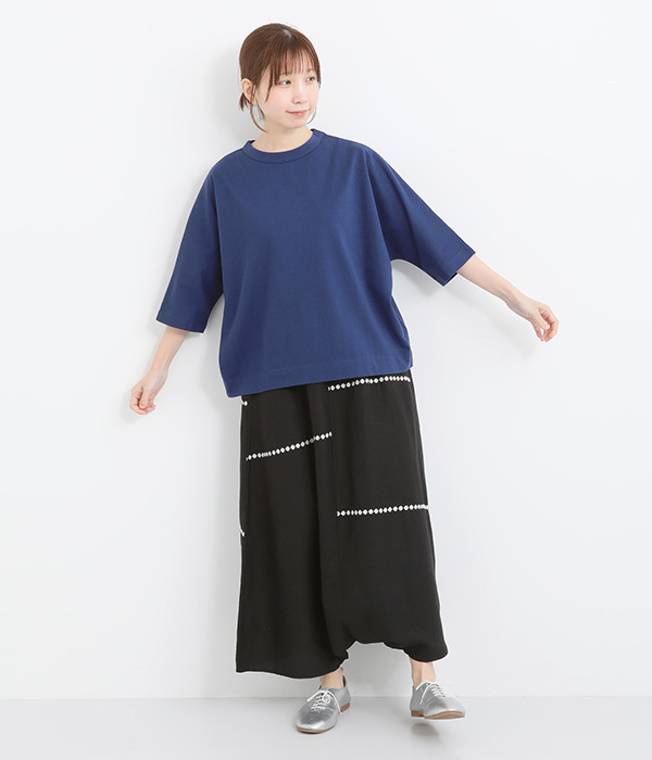 リネンレーヨンライン刺繍サルエルバルーンパンツ(A・ブラック)