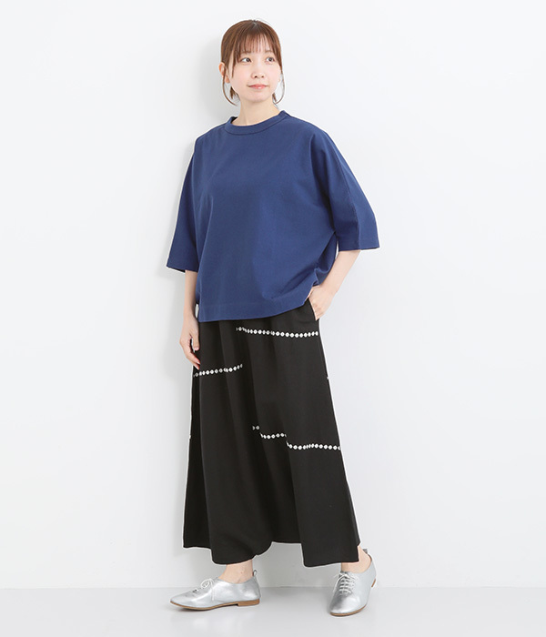 リネンレーヨンライン刺繍サルエルバルーンパンツ(A・ブラック)