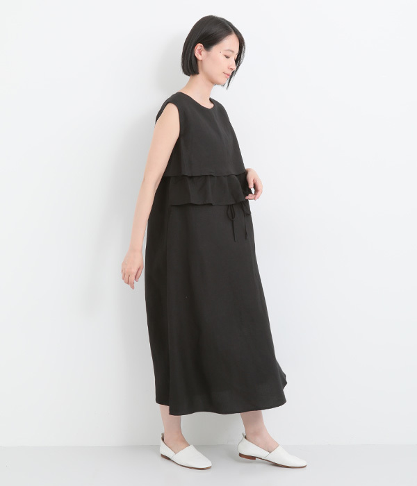 リネンレーヨンラッフル2wayノースリーブワンピース(A・ブラック)
