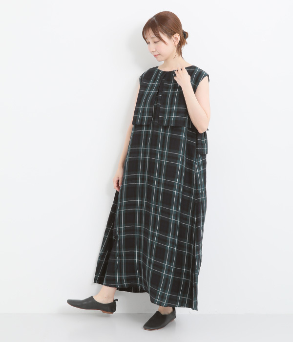 リネンレーヨンラッフル2wayノースリーブワンピース(A・ブラック)