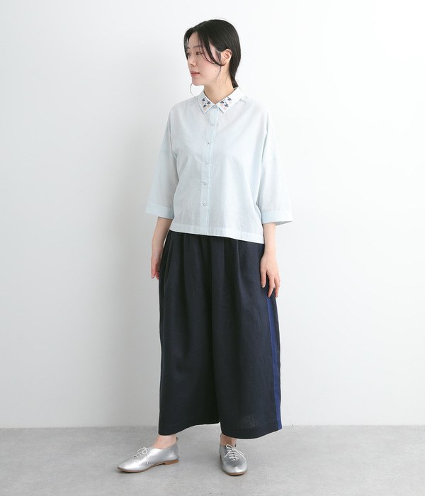 リネンサイドラインクロップドワイドパンツ(C・ネイビー×ダークブルー)