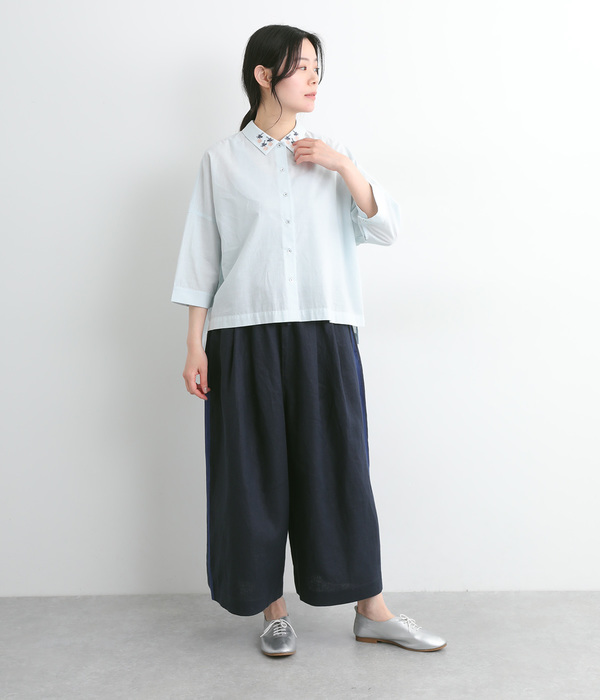 リネンサイドラインクロップドワイドパンツ(C・ネイビー×ダークブルー)