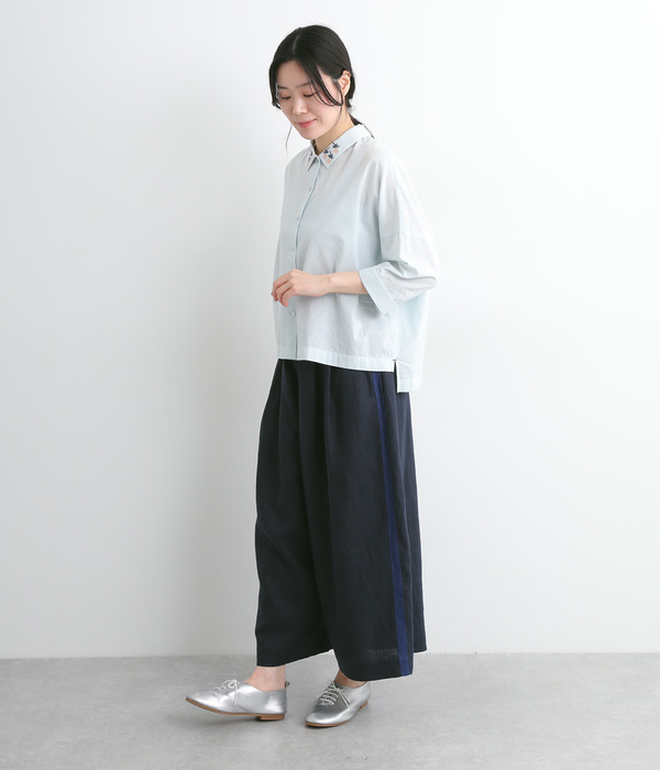 リネンサイドラインクロップドワイドパンツ(C・ネイビー×ダークブルー)