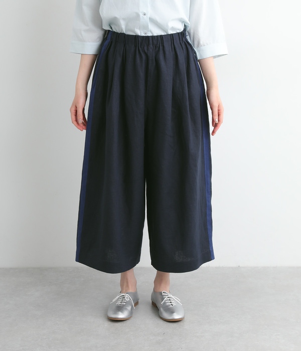 リネンサイドラインクロップドワイドパンツ(C・ネイビー×ダークブルー)