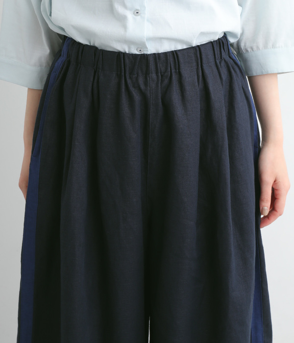 リネンサイドラインクロップドワイドパンツ(C・ネイビー×ダークブルー)