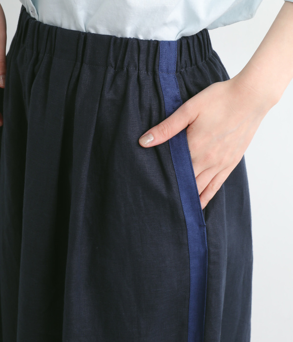 リネンサイドラインクロップドワイドパンツ(C・ネイビー×ダークブルー)