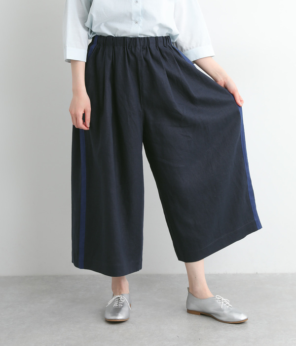 リネンサイドラインクロップドワイドパンツ(C・ネイビー×ダークブルー)