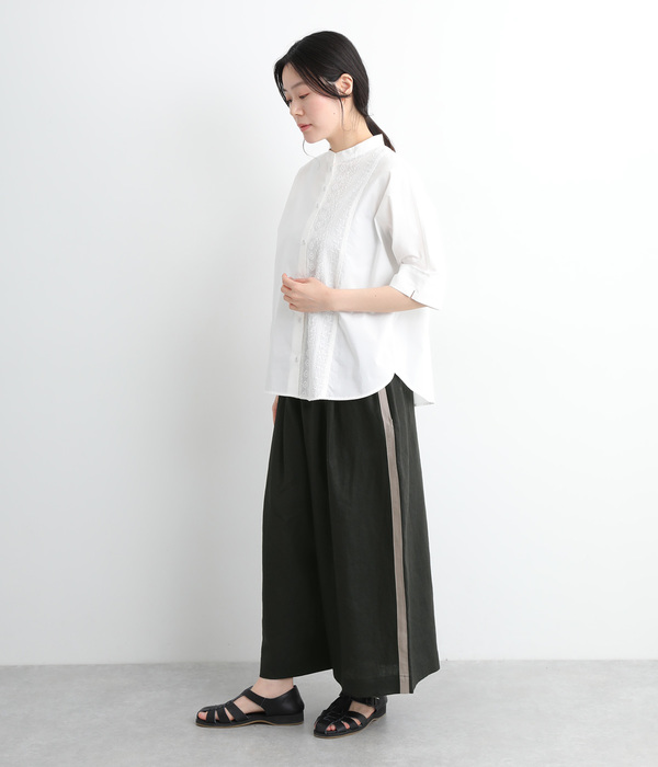 リネンサイドラインクロップドワイドパンツ(C・ネイビー×ダークブルー)