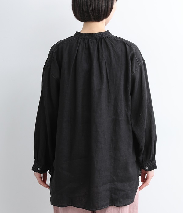 ベルギーリネンギャザースモックシャツ(A・ブラック)