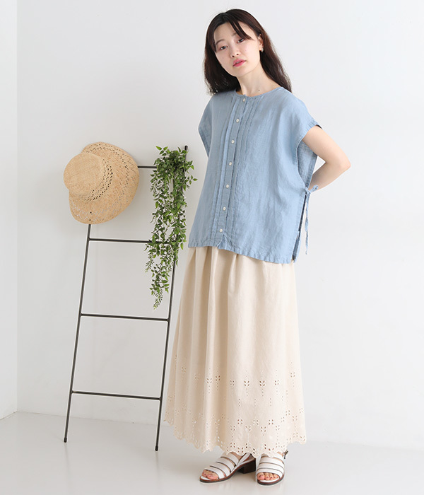 リネンコットン裾刺繍スカート(A・ブラック)