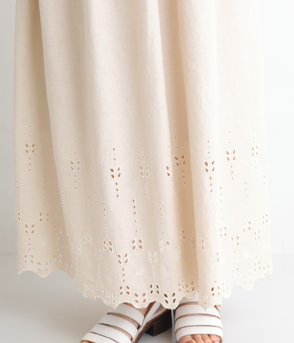 リネンコットン裾刺繍スカート(B・アイボリー)
