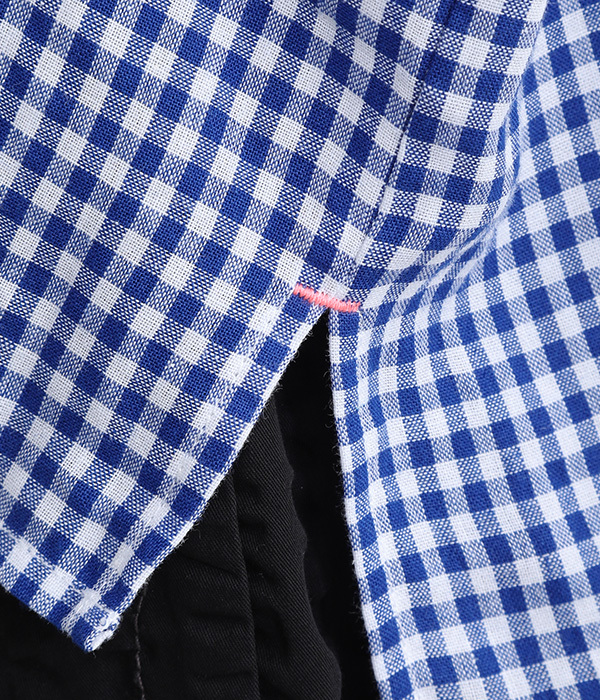Ciel リネンギンガムスタンドカラー5分袖シャツ(B・ブルー)