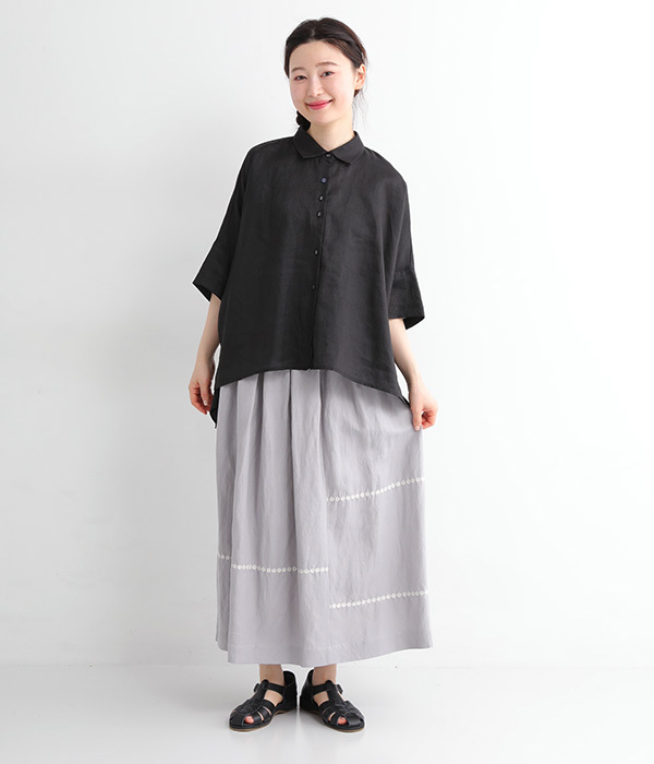 リネンレーヨン polkaライン刺繍スカート(A・ライトグレー)