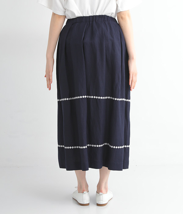 リネンレーヨン polkaライン刺繍スカート(C・ネイビー)