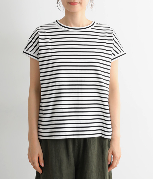 UVカット&クール バックラインフレンチスリーブTシャツ(C・オフホワイト×ブラック)