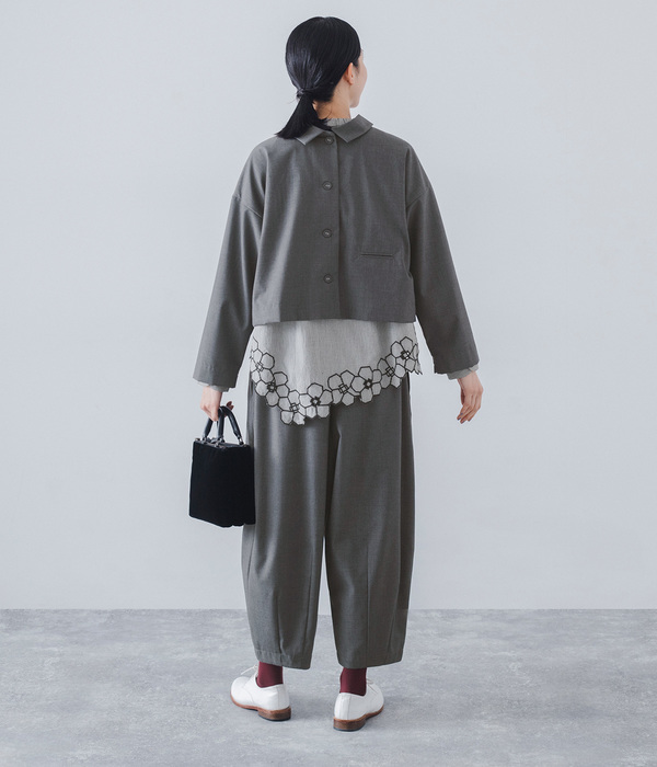 アシメ裾刺繍ゴムギャザーネックシャツ(B・ギンガム)