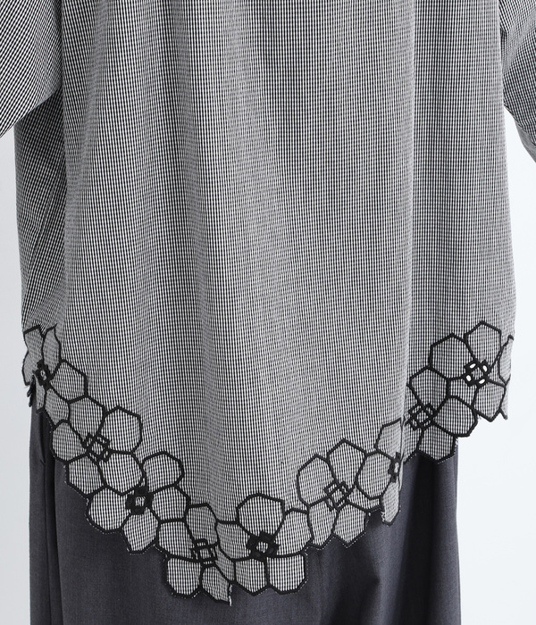 アシメ裾刺繍ゴムギャザーネックシャツ(B・ギンガム)