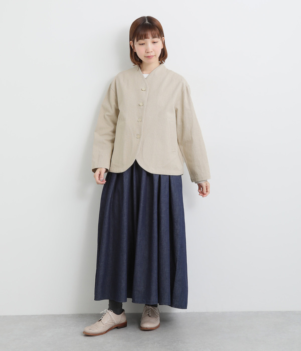 コットンリネンエルボーロゴ刺繍ノーカラージャケット(A・キナリ)