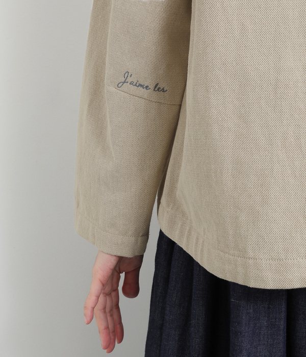 コットンリネンエルボーロゴ刺繍ノーカラージャケット(A・キナリ)