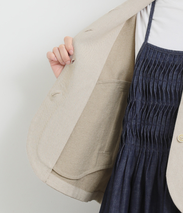コットンリネンエルボーロゴ刺繍ノーカラージャケット(A・キナリ)