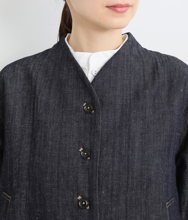 コットンリネンエルボーロゴ刺繍ノーカラージャケット(A・キナリ)