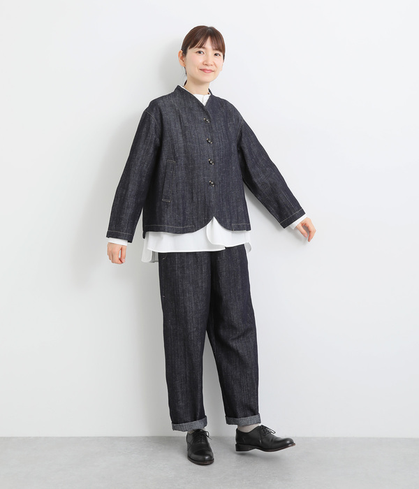 コットンリネンエルボーロゴ刺繍ノーカラージャケット(A・キナリ)