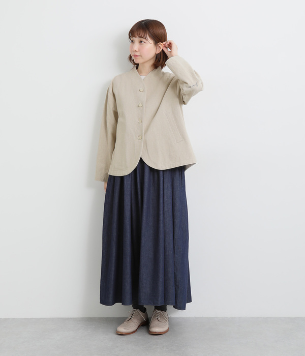 コットンリネンエルボーロゴ刺繍ノーカラージャケット(B・ブラック)