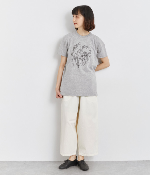 コットン天竺 プリントTシャツ　FLOWER(B・杢グレー×ブラック)