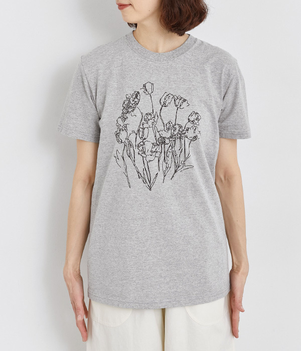 コットン天竺 プリントTシャツ　FLOWER(B・杢グレー×ブラック)