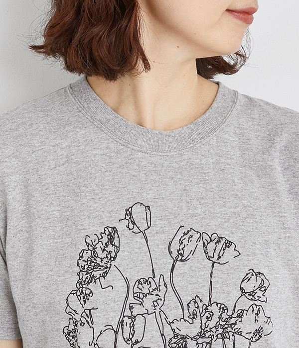 コットン天竺 プリントTシャツ　FLOWER(B・杢グレー×ブラック)