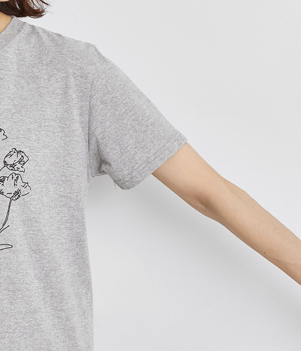 コットン天竺 プリントTシャツ　FLOWER(B・杢グレー×ブラック)