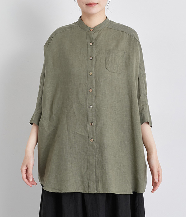 フレンチリネンスタンドカラービッグシャツ(B・カーキ)【新入荷