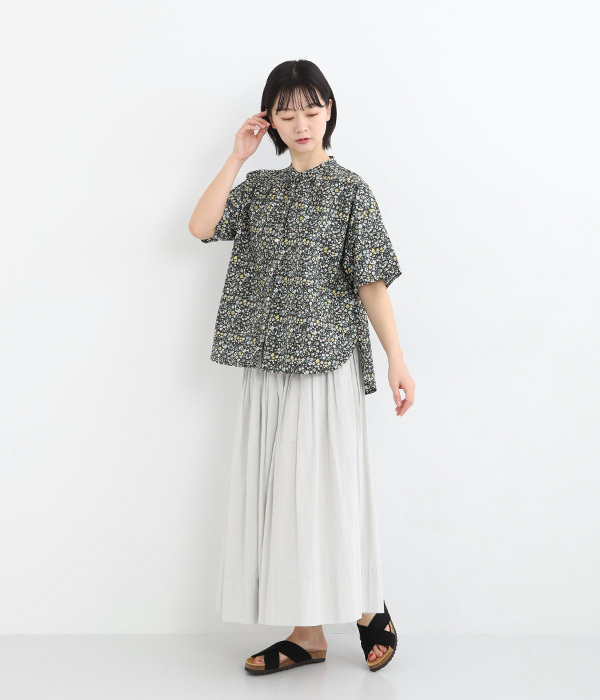 コットン 小花柄プリント前開きブラウス(B・ブルー)【再入荷