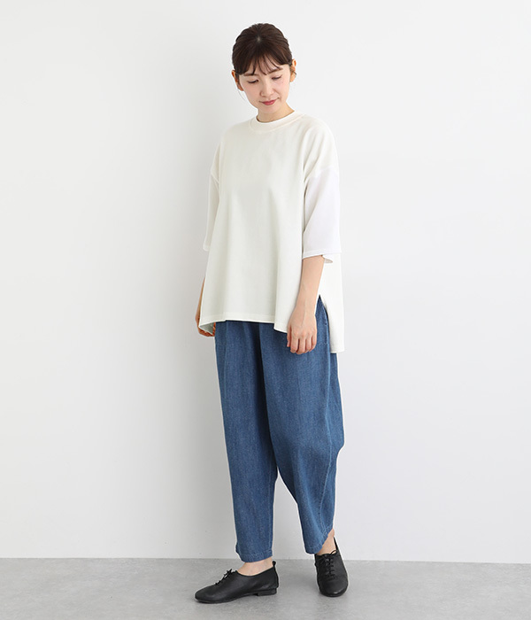 OEコットン天竺 異素材切替モックネックTシャツ(A・ホワイト)