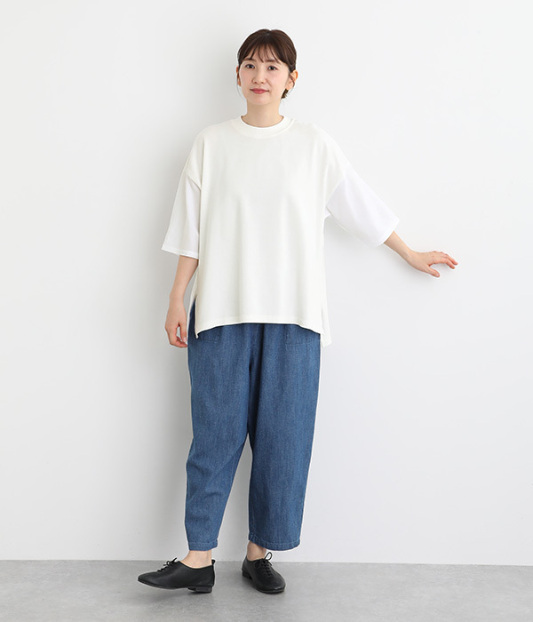 OEコットン天竺 異素材切替モックネックTシャツ(A・ホワイト)