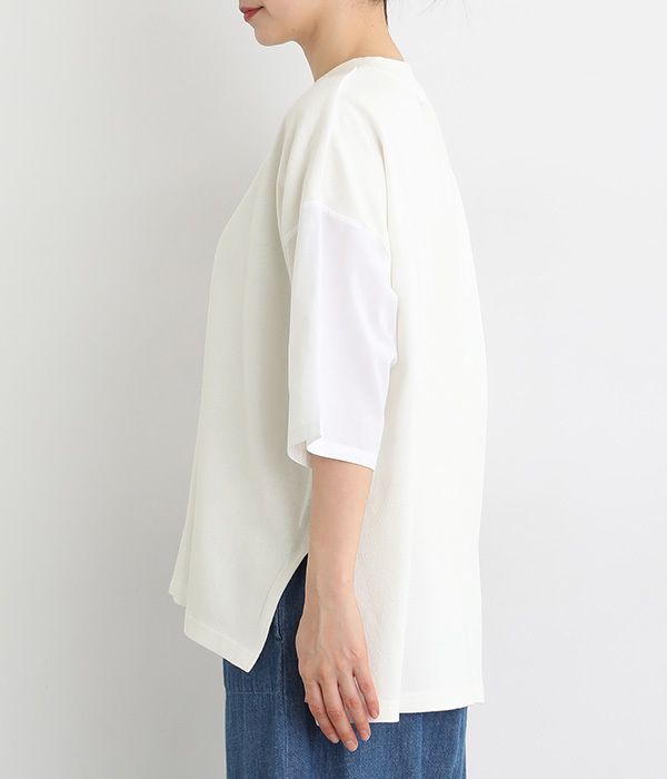 OEコットン天竺 異素材切替モックネックTシャツ(A・ホワイト)