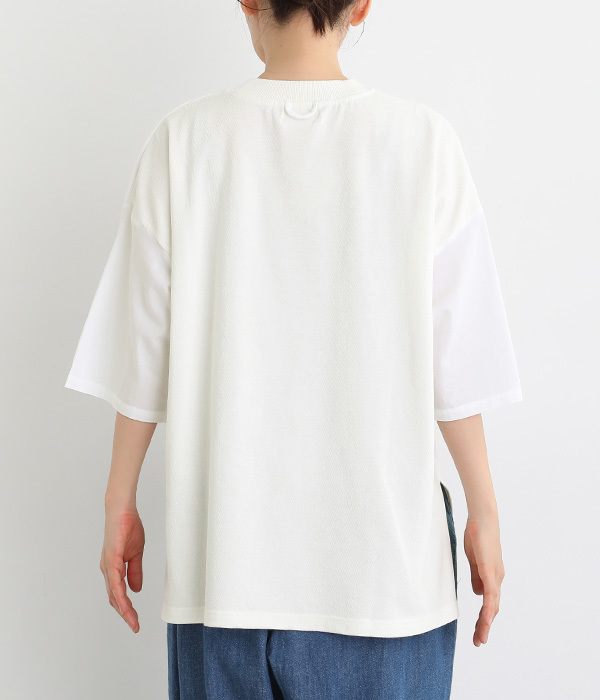 OEコットン天竺 異素材切替モックネックTシャツ(A・ホワイト)