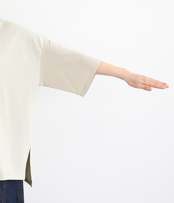 OEコットン天竺 異素材切替モックネックTシャツ(A・ホワイト)