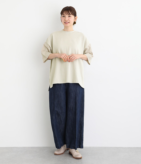 OEコットン天竺 異素材切替モックネックTシャツ(A・ホワイト)